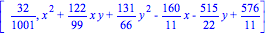 [32/1001, x^2+122/99*x*y+131/66*y^2-160/11*x-515/22*y+576/11]